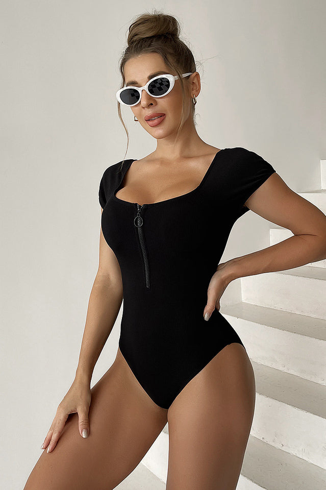 Solid Front Zipper Round Neck Bathing Suit - Riyosa®