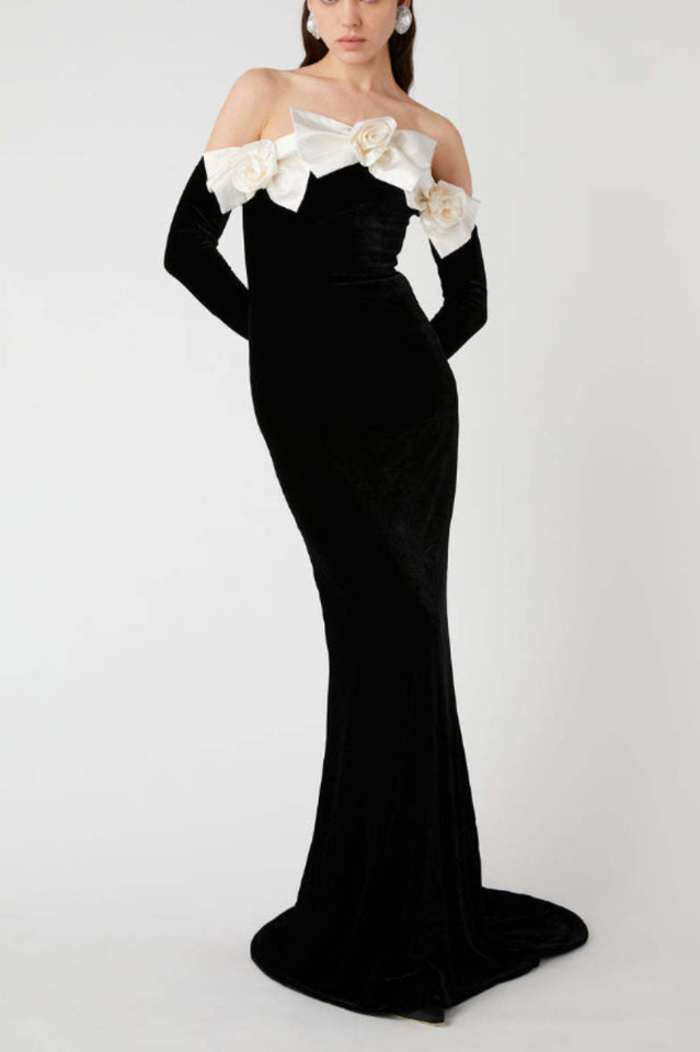 Duchesse Bows Off Shoulder Velvet Gown - Riyosa®