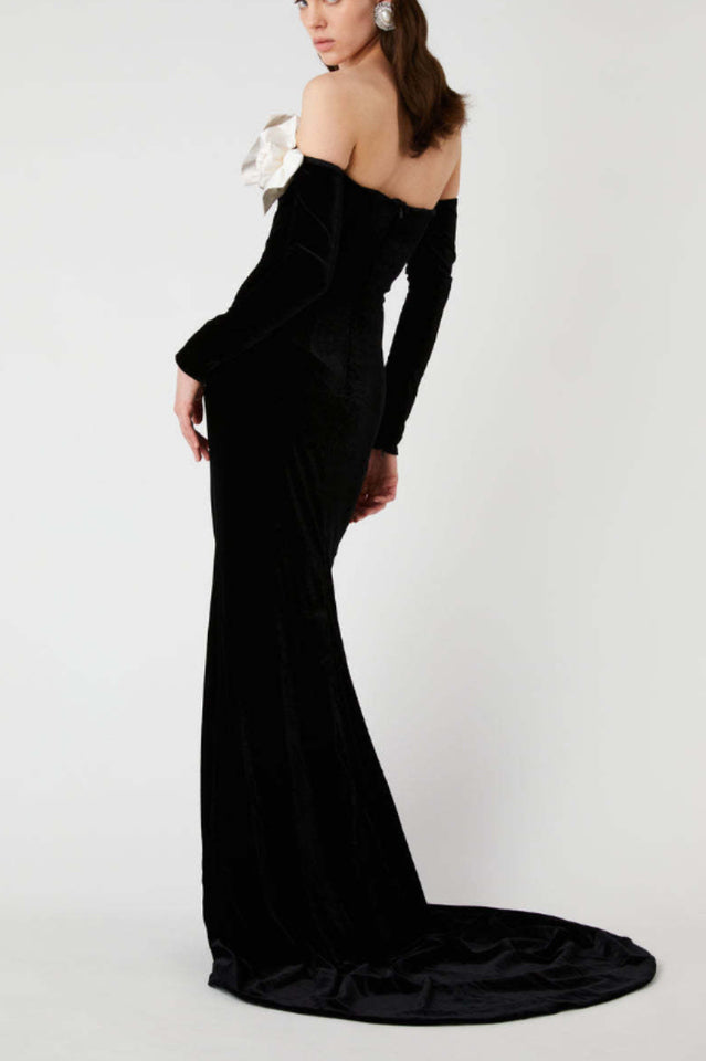 Duchesse Bows Off Shoulder Velvet Gown - Riyosa®