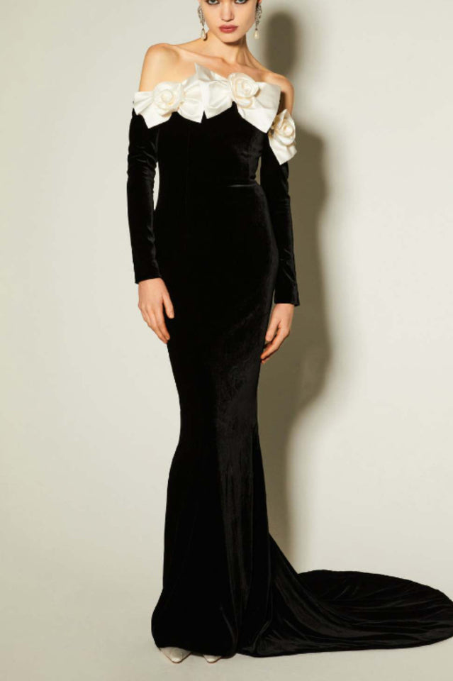 Duchesse Bows Off Shoulder Velvet Gown - Riyosa®