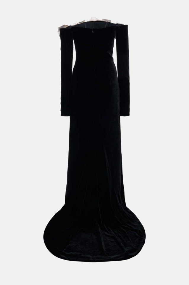 Duchesse Bows Off Shoulder Velvet Gown - Riyosa®