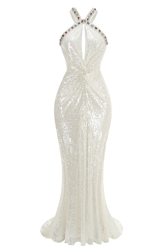 Bobbie White Halter Sequin Maxi Dress - Riyosa®