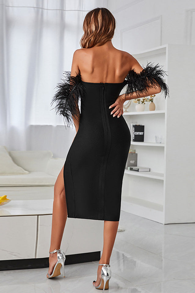 Feather Trim Off-Shoulder Split Dress - Riyosa®