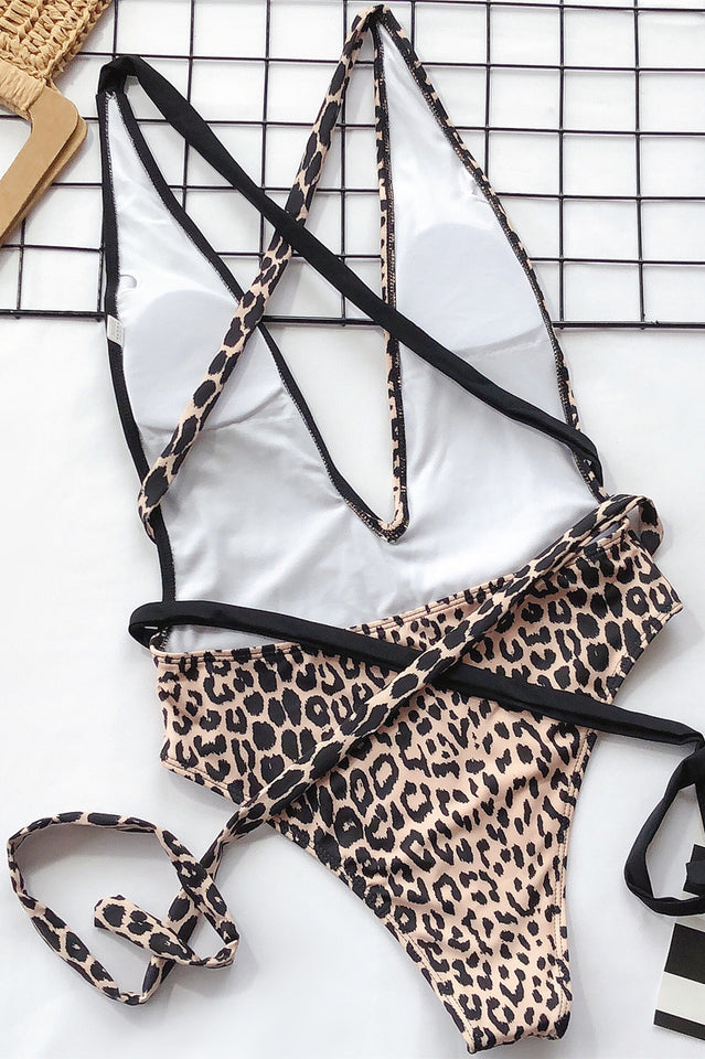 Leopard Criss Cross One Piece Swimwear - Riyosa®