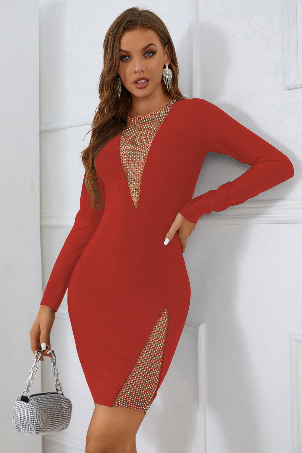 Sesidy Cany V-neckline Mesh Bandage Dress in Red