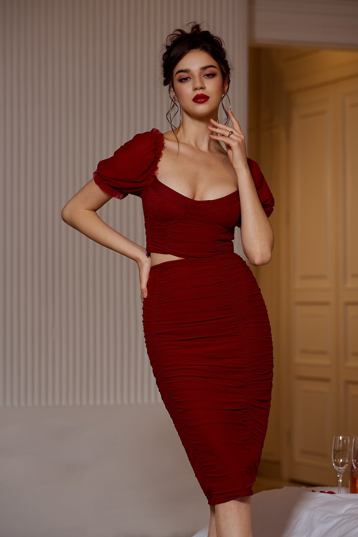 Sesidy Cameron Burgundy Puff Sleeve Dress Set in Burgundy