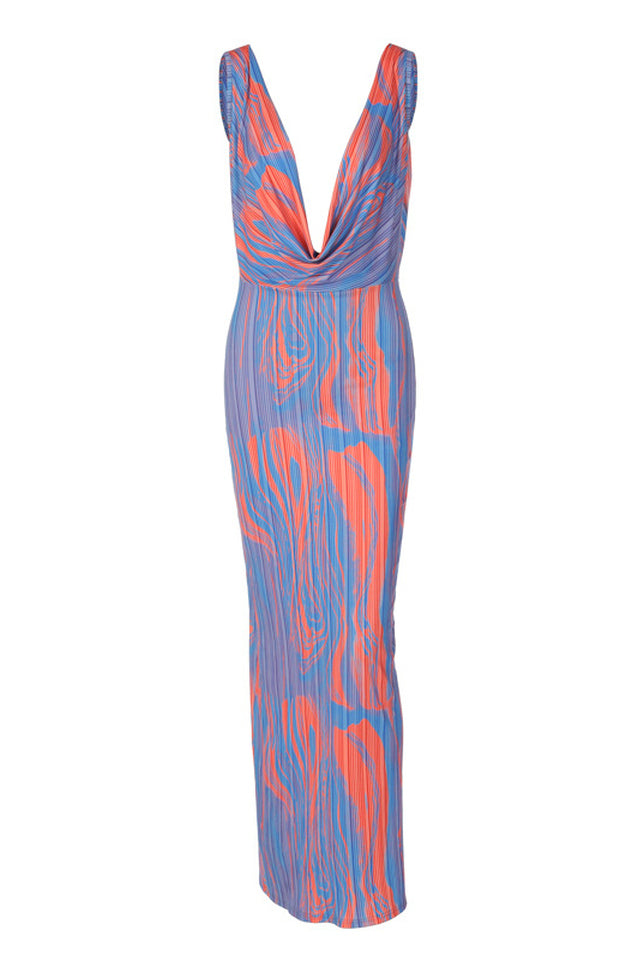 Abstract Print Plisse Cowl Plunge Maxi Dress - Riyosa®