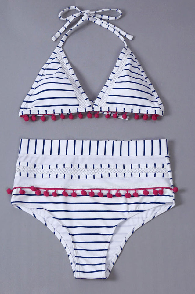 Mesh Hollow Out Stripe Tassel Bikini Set - Riyosa®