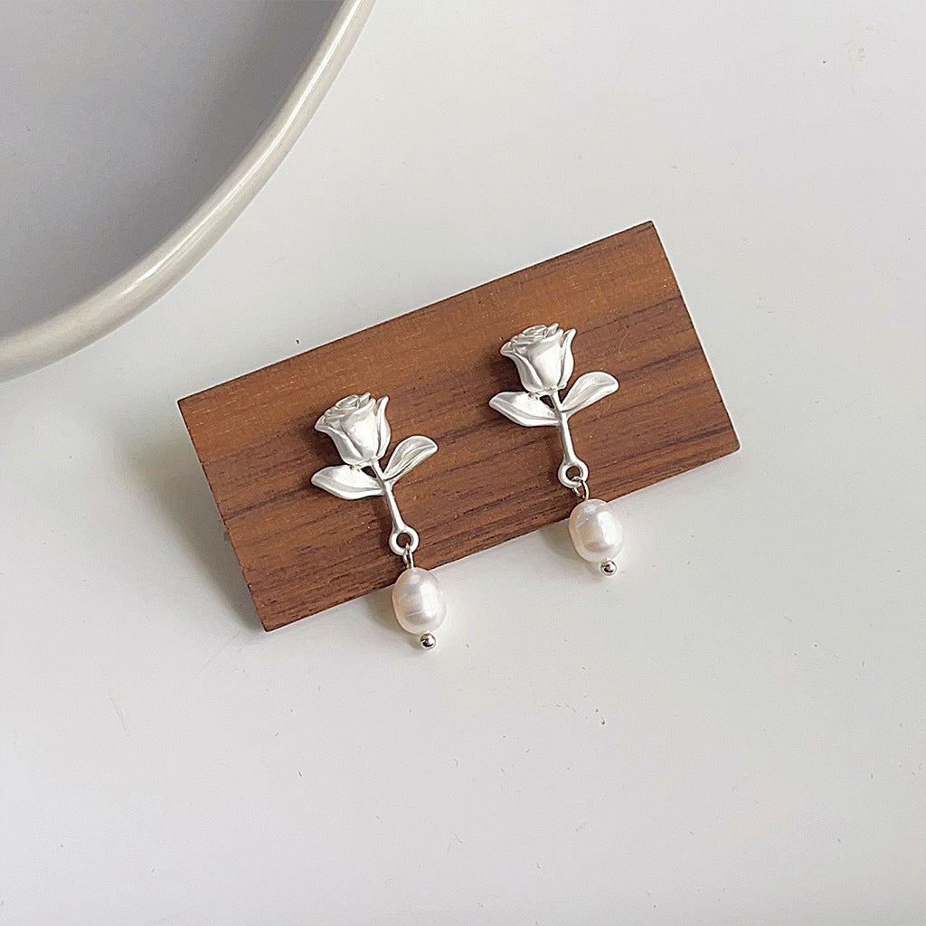 White Rose Pearl Earrings