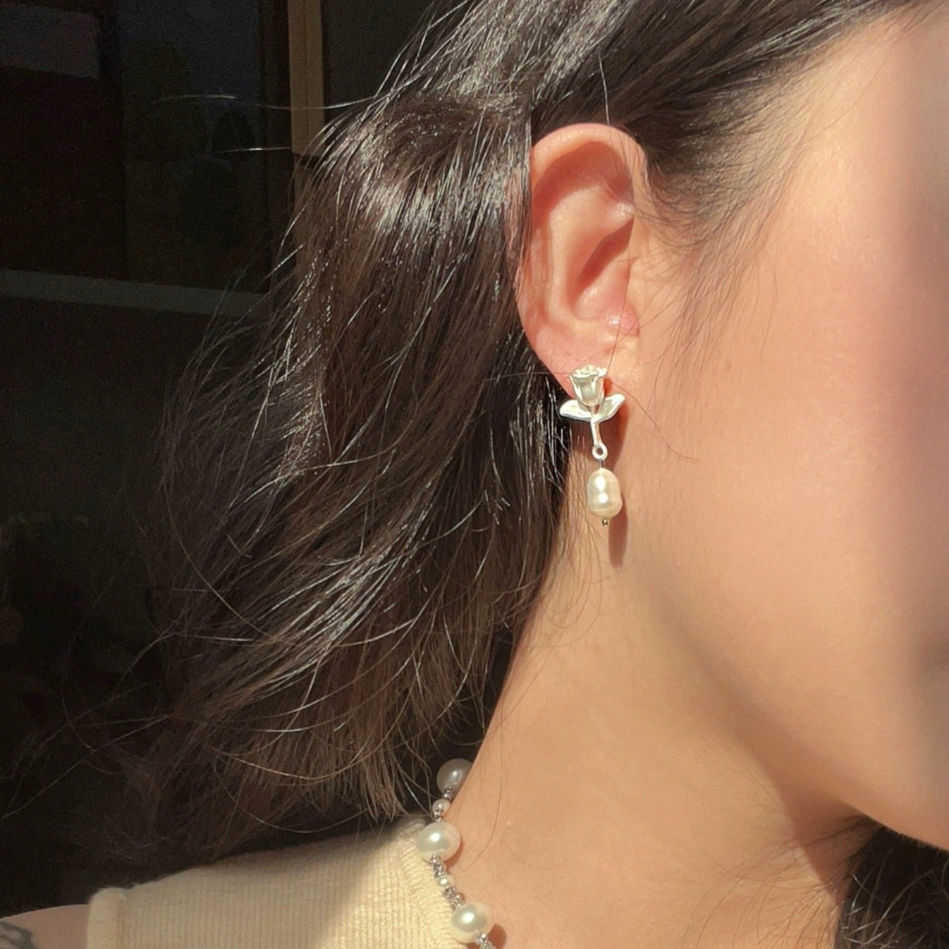 White Rose Pearl Earrings