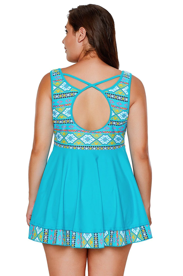 Turquoise Tribal Print Swim Dress With Shorts - Riyosa®