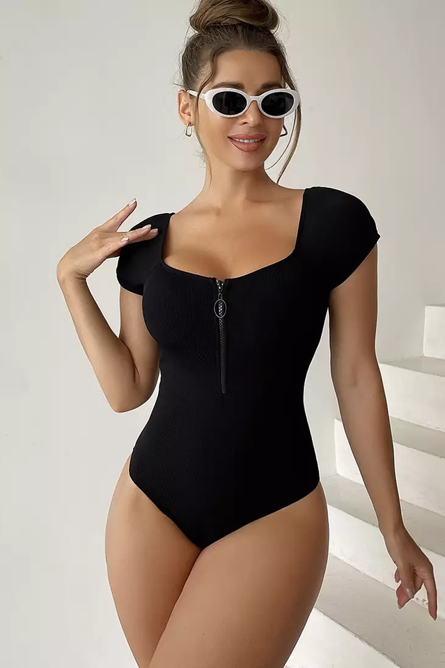 Solid Front Zipper Round Neck Bathing Suit - Riyosa®