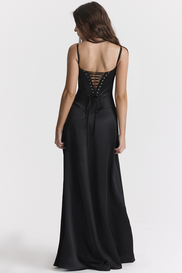 Anabella Black Lace Up Maxi Dress - Riyosa®