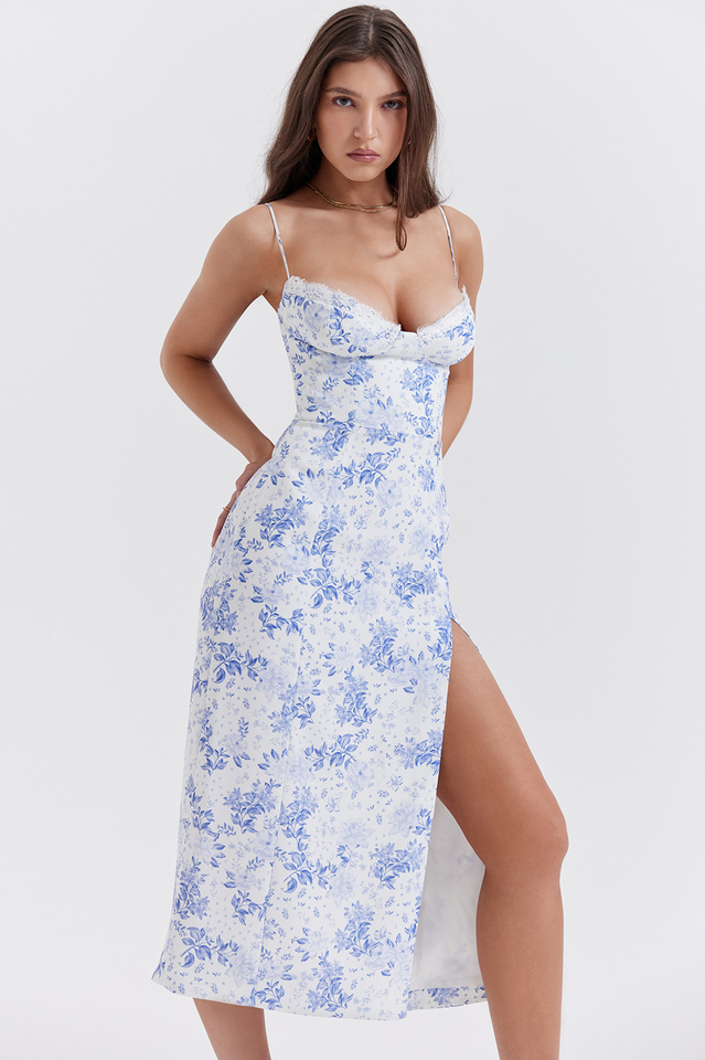 Charlotte Blue Print Corset Midi Dress - Riyosa®