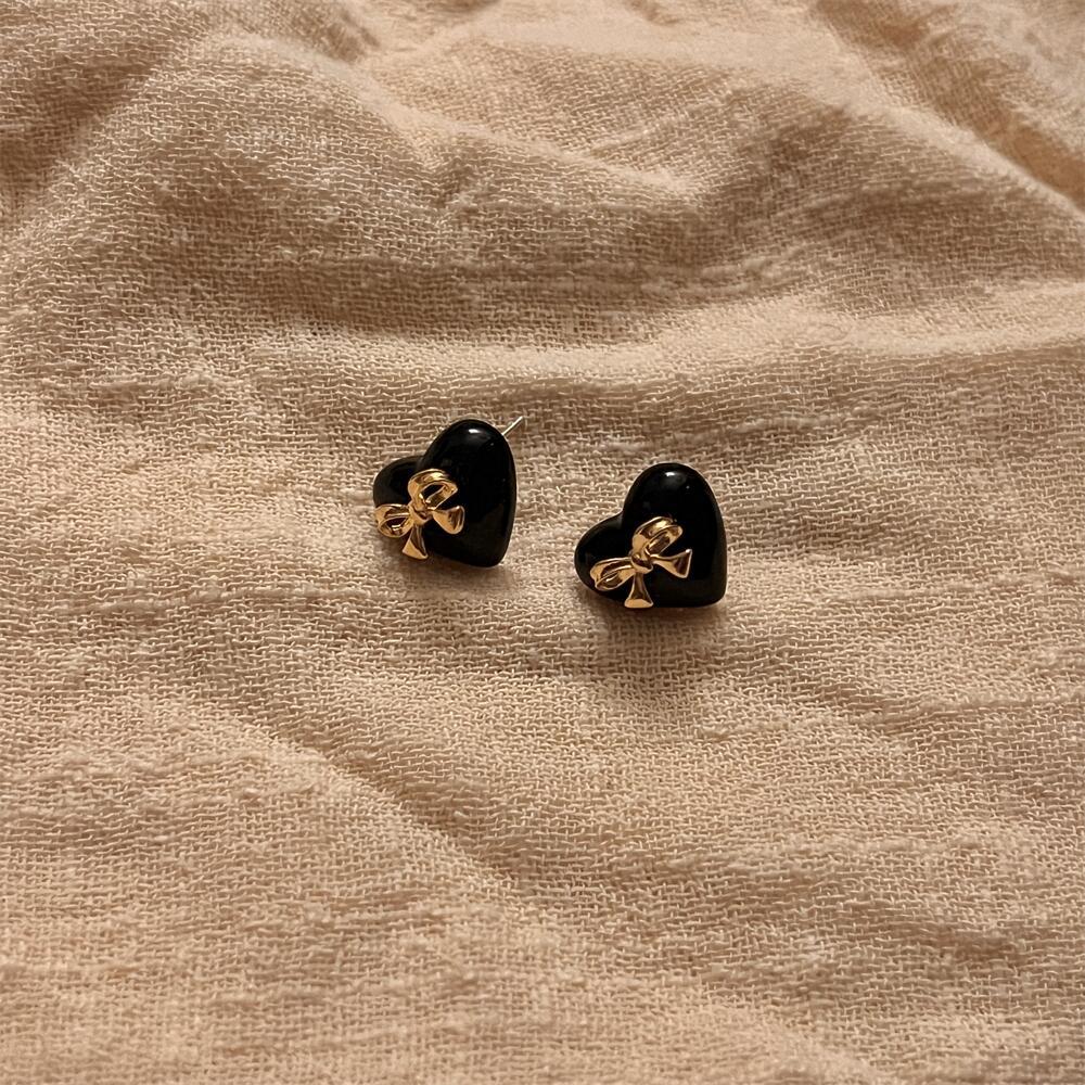 Black Heart Bow Earrings - Hypoallergenic - Abbott Atelier