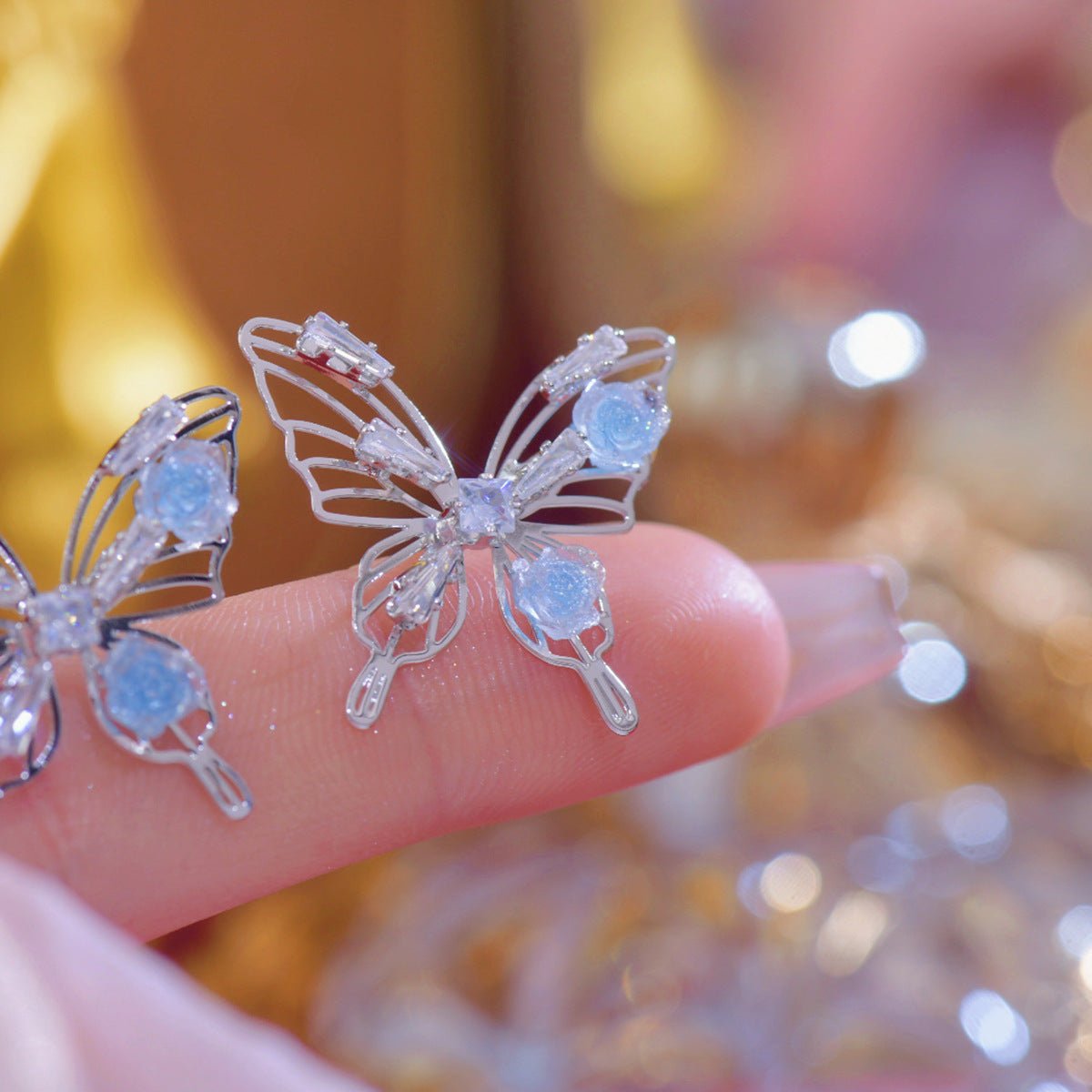 Blue Rose Butterfly Earrings - Hypoallergenic - Abbott Atelier