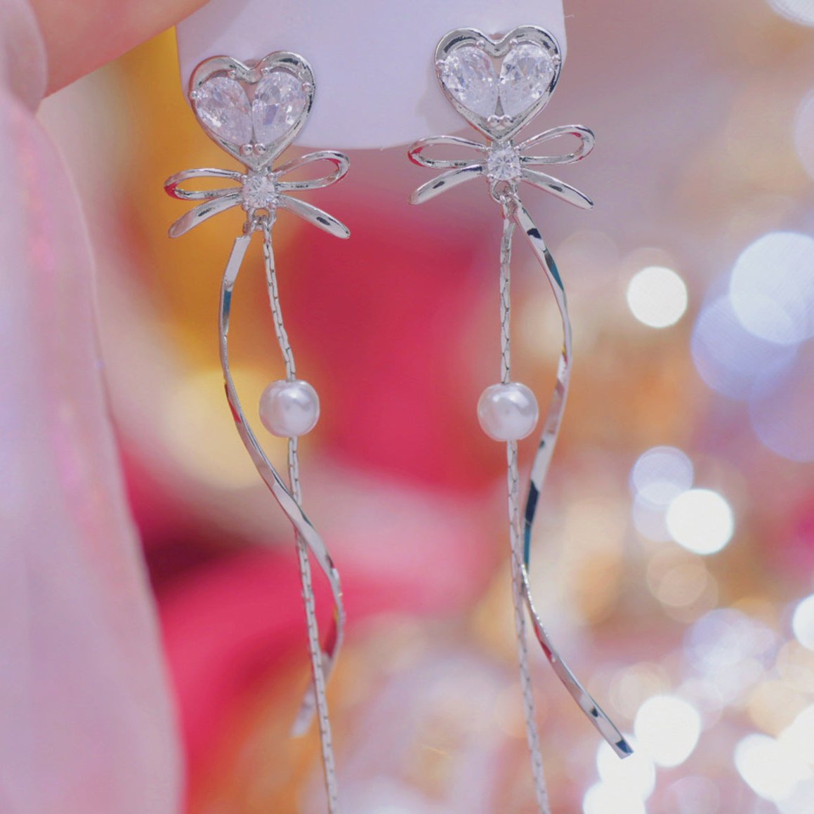 Heart Bow Drop Earrings - Hypoallergenic - Abbott Atelier