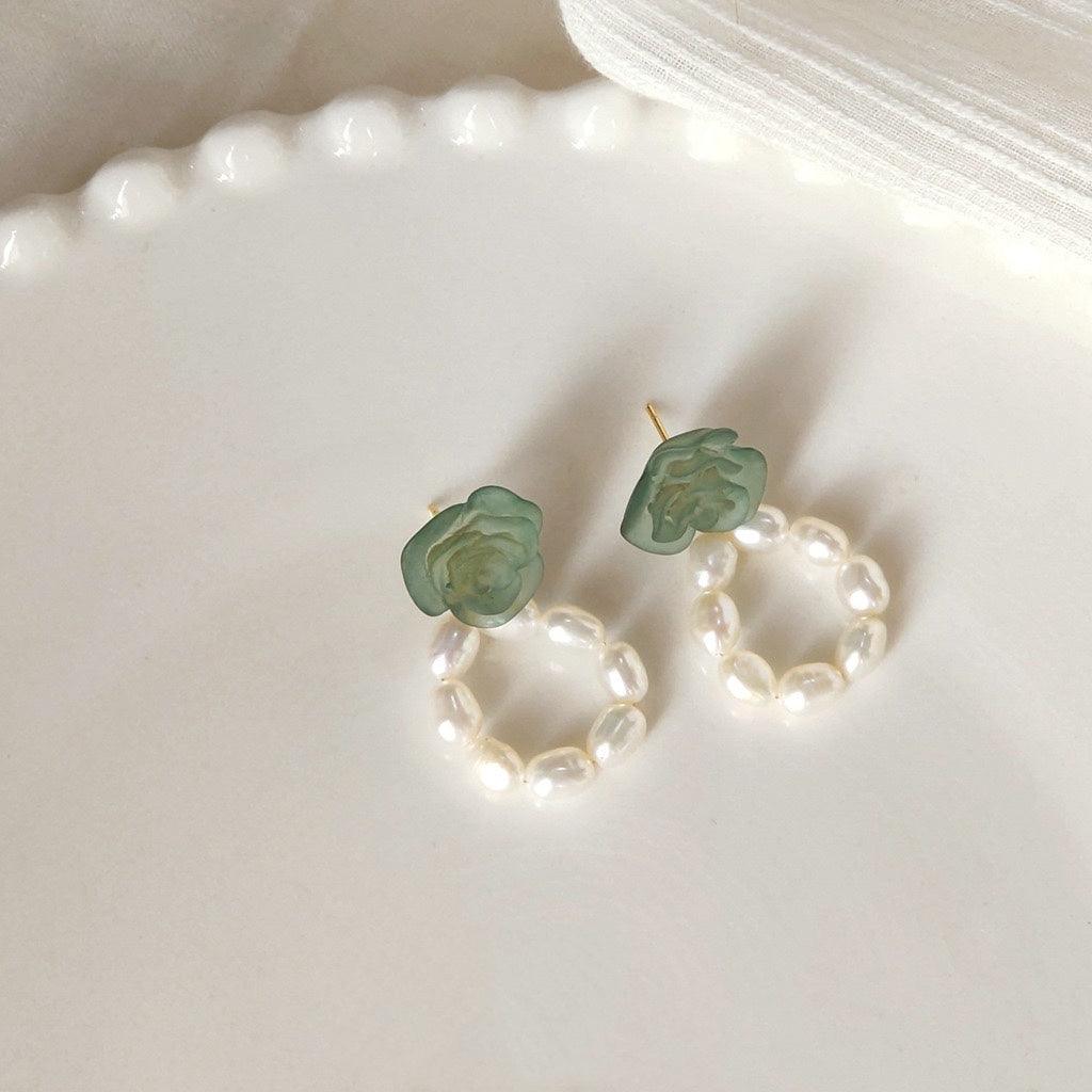 Matcha Rose and Pearl Earrings - Hypoallergenic - Abbott Atelier