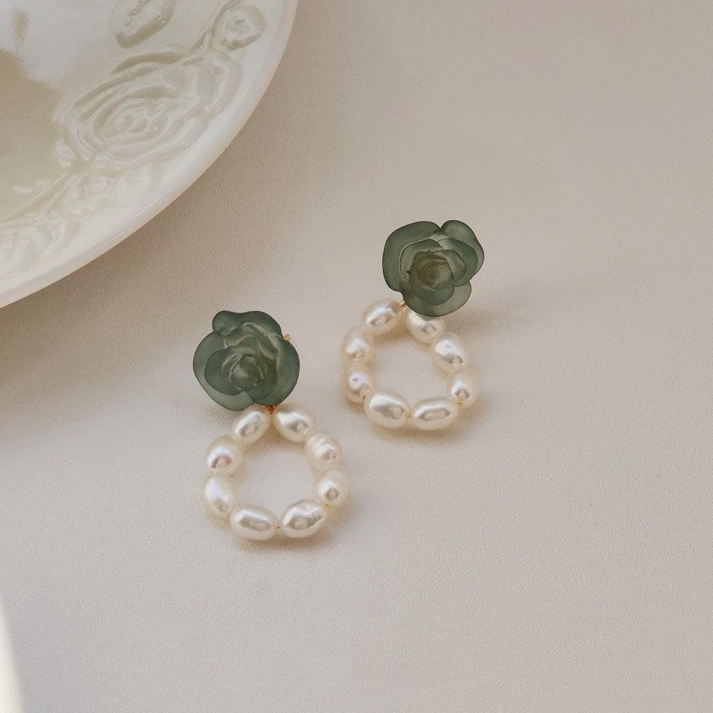 Matcha Rose and Pearl Earrings - Hypoallergenic - Abbott Atelier