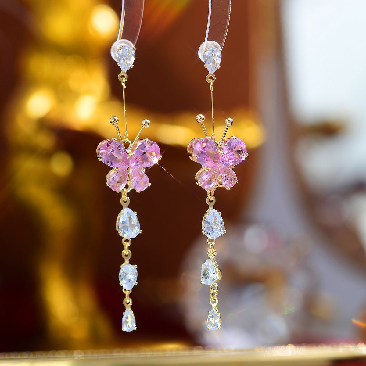 Pink Butterfly Drop Earrings - Gold - Plated - Abbott Atelier