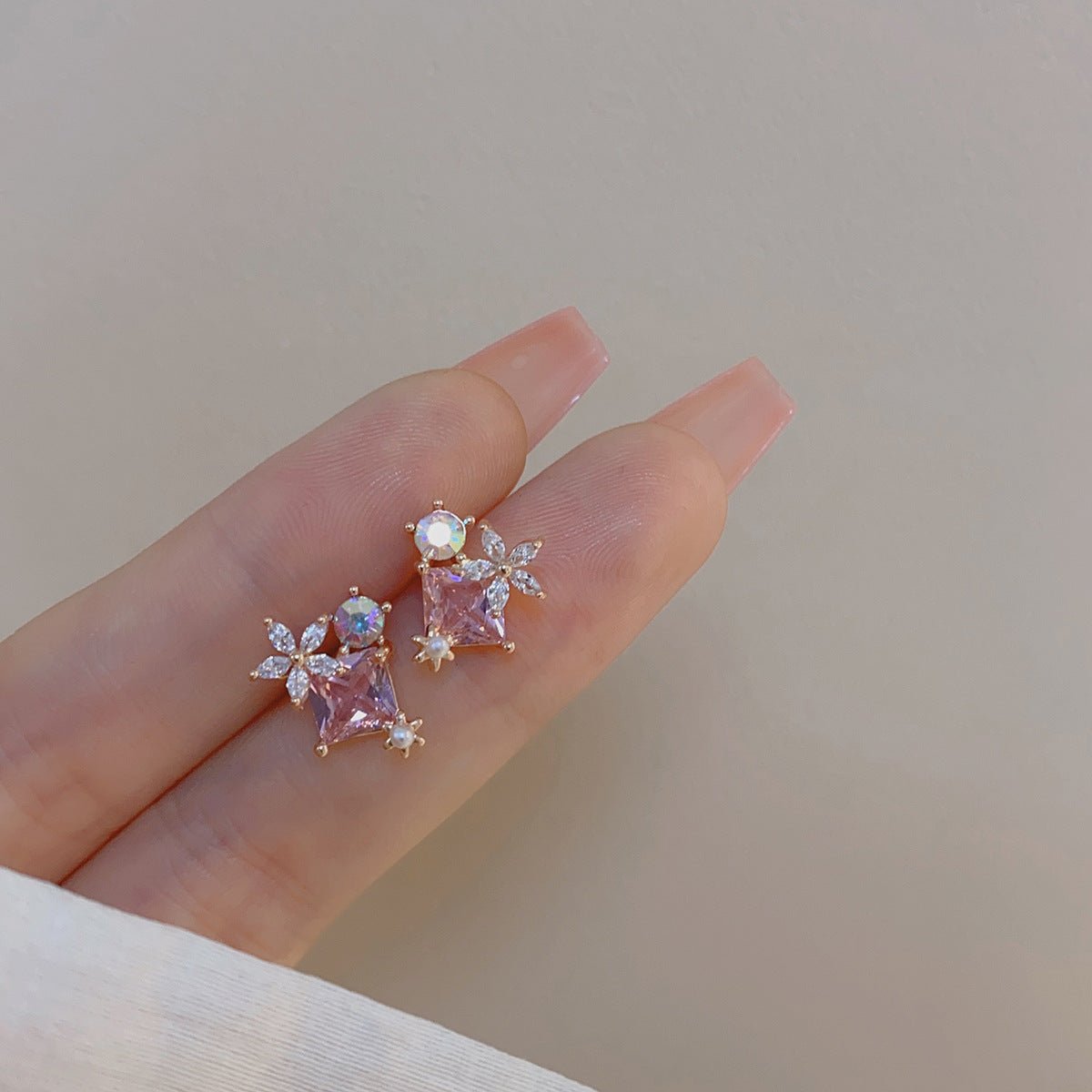 Pink Gem Flower Stud Earrings - Alicia - Hypoallergenic - Abbott Atelier