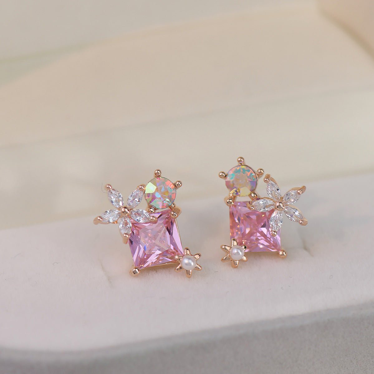 Pink Gem Flower Stud Earrings - Alicia - Hypoallergenic - Abbott Atelier