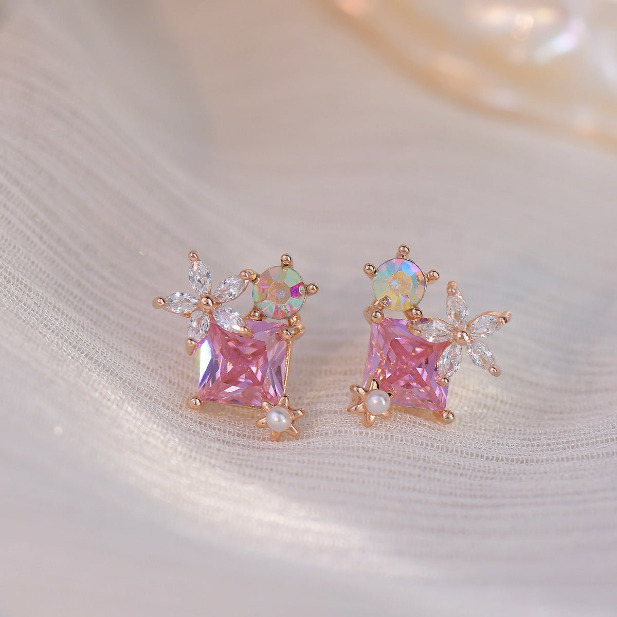 Pink Gem Flower Stud Earrings - Alicia - Hypoallergenic - Abbott Atelier