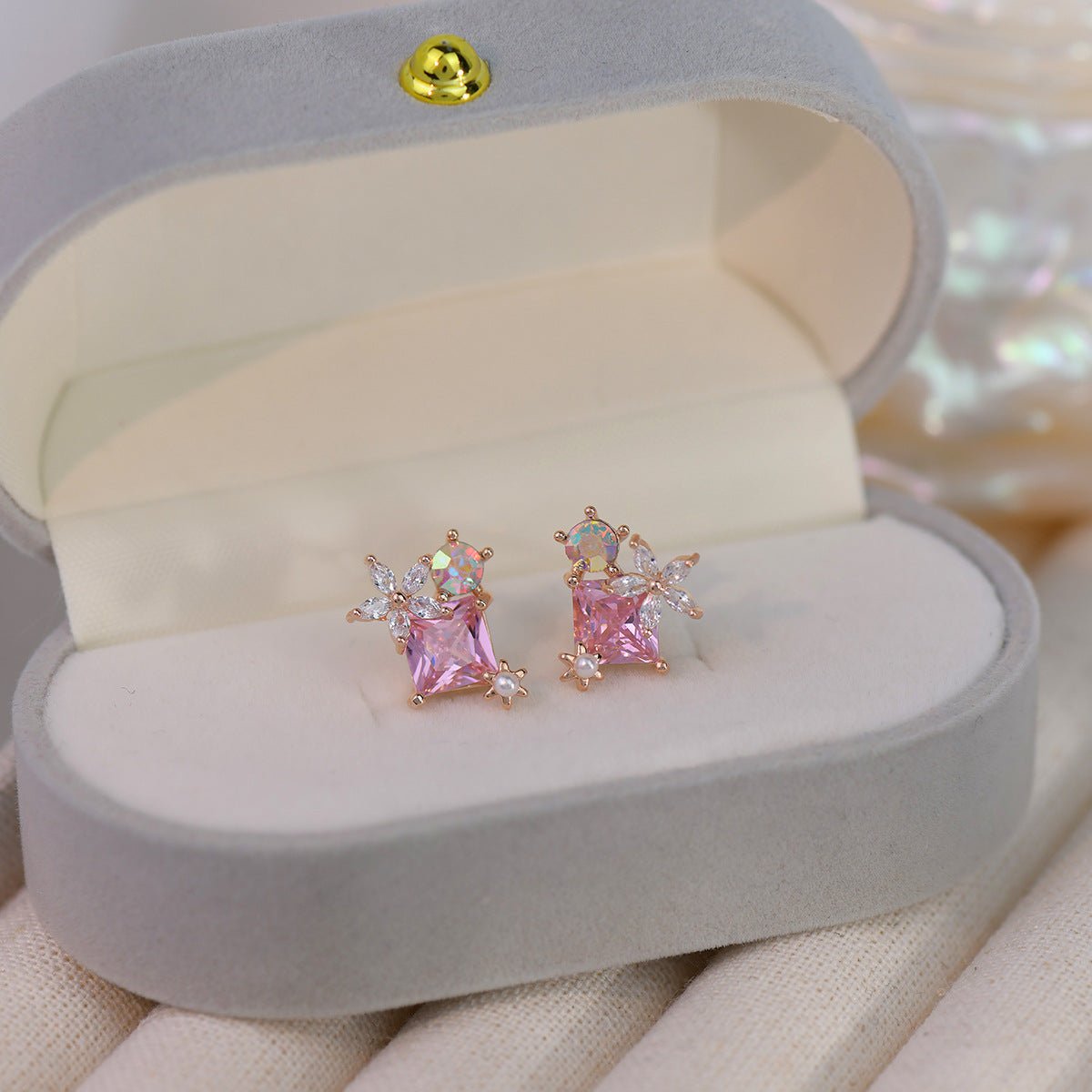 Pink Gem Flower Stud Earrings - Alicia - Hypoallergenic - Abbott Atelier