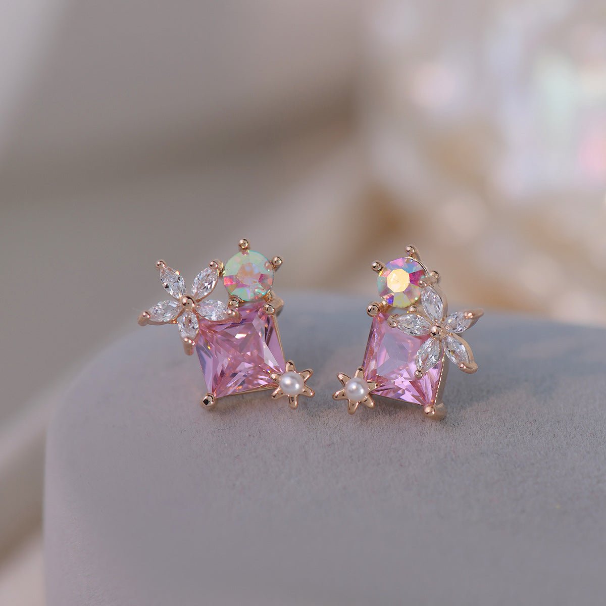 Pink Gem Flower Stud Earrings - Alicia - Hypoallergenic - Abbott Atelier