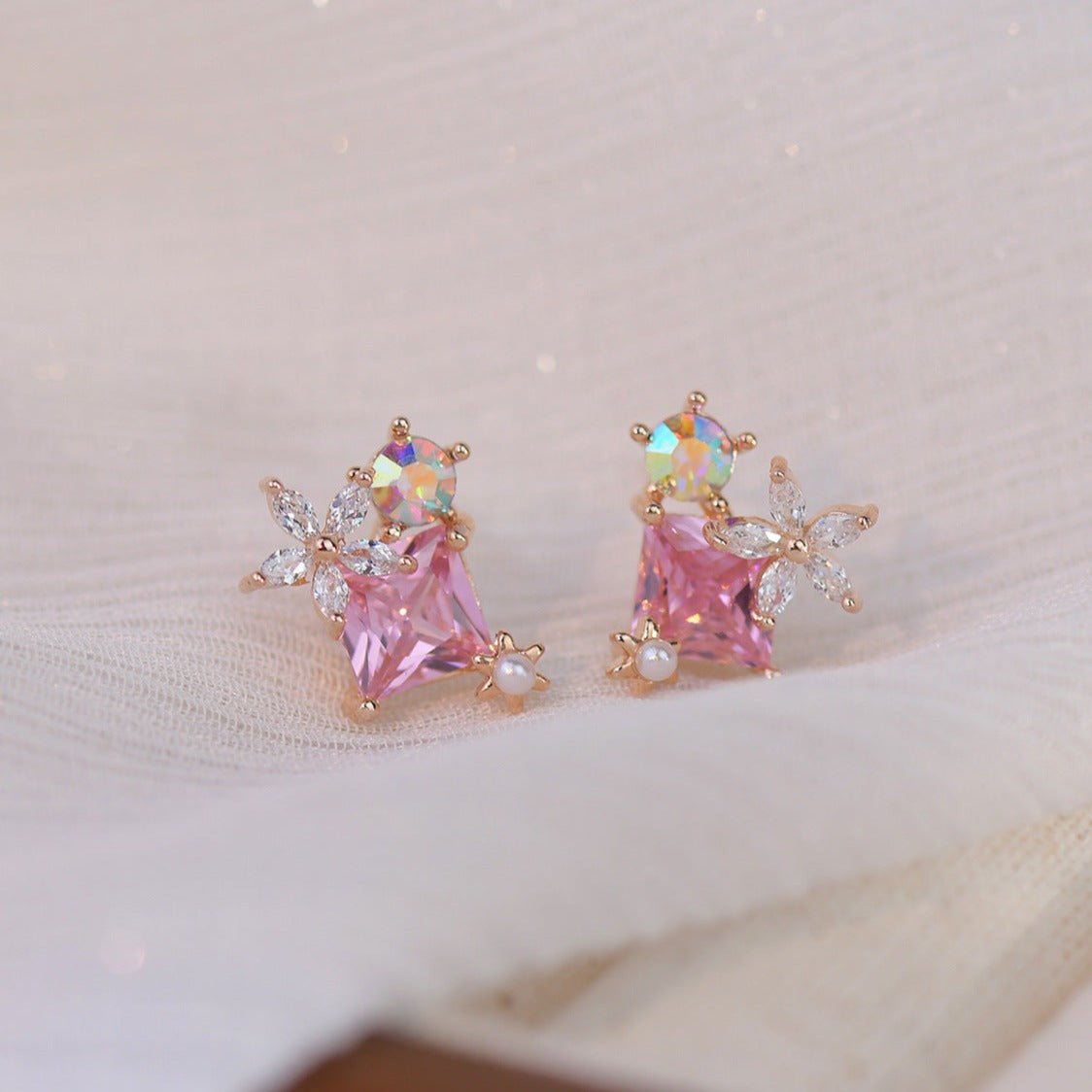 Pink Gem Flower Stud Earrings - Alicia - Hypoallergenic - Abbott Atelier