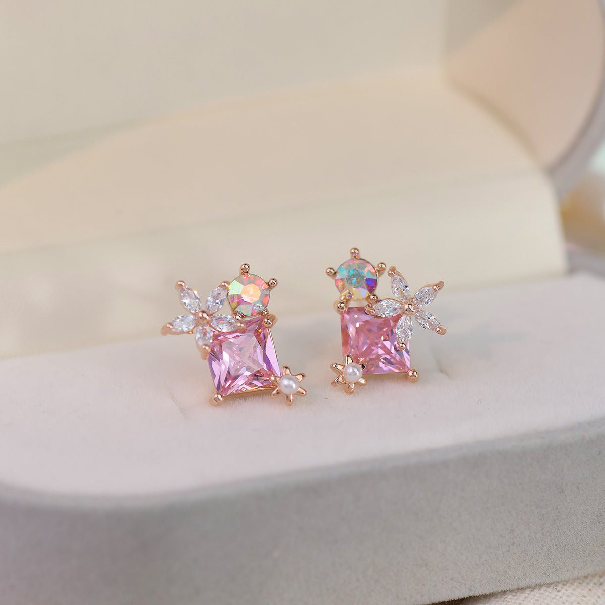 Pink Gem Flower Stud Earrings - Alicia - Hypoallergenic - Abbott Atelier