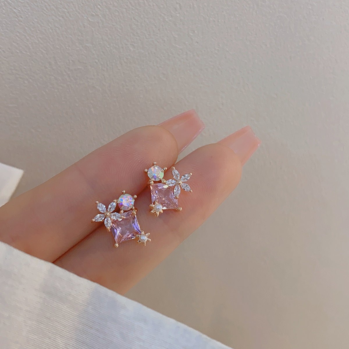 Pink Gem Flower Stud Earrings - Alicia - Hypoallergenic - Abbott Atelier