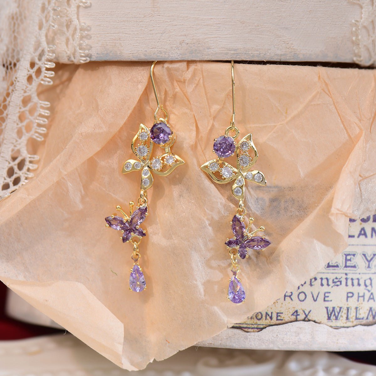 Purple Butterfly Drop Earrings - Gold Plated - Abbott Atelier