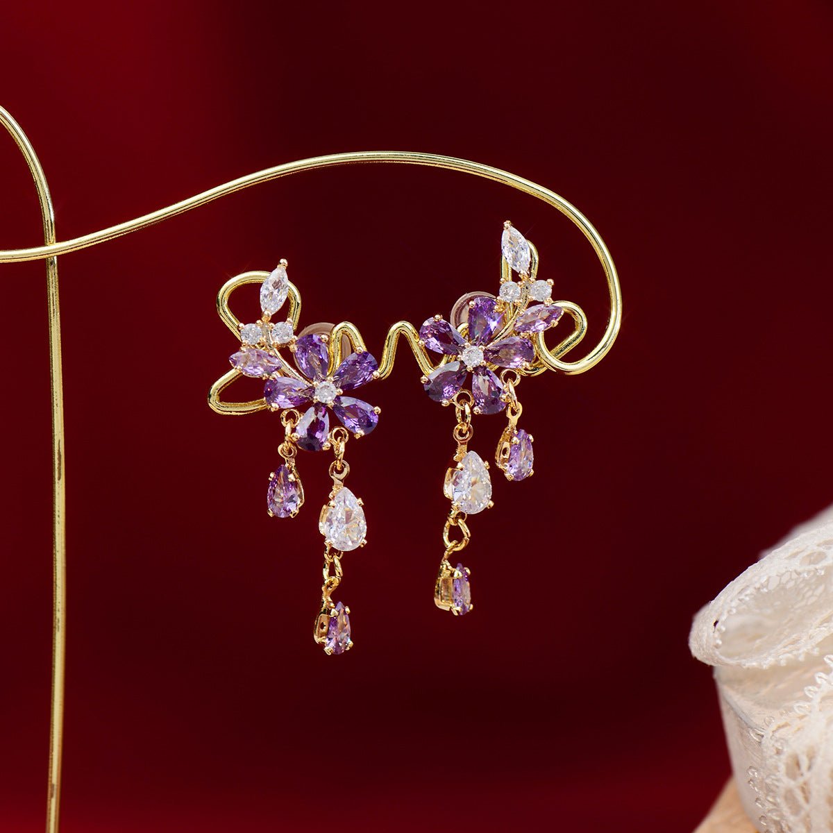 Purple Flower Drop Earrings - Hypoallergenic - Abbott Atelier