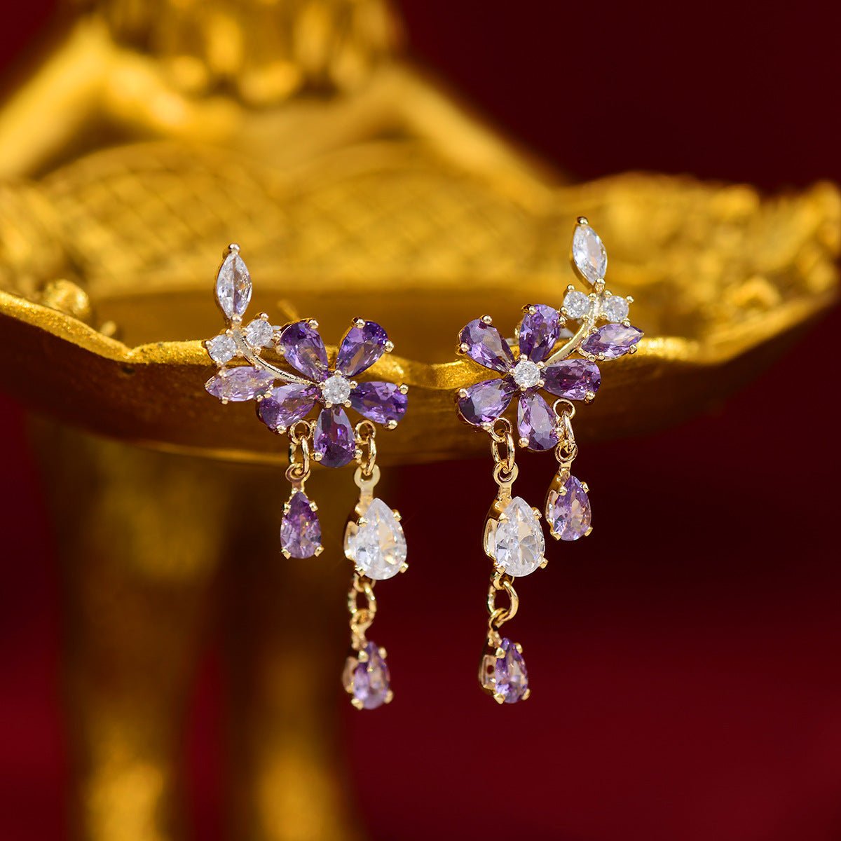 Purple Flower Drop Earrings - Hypoallergenic - Abbott Atelier