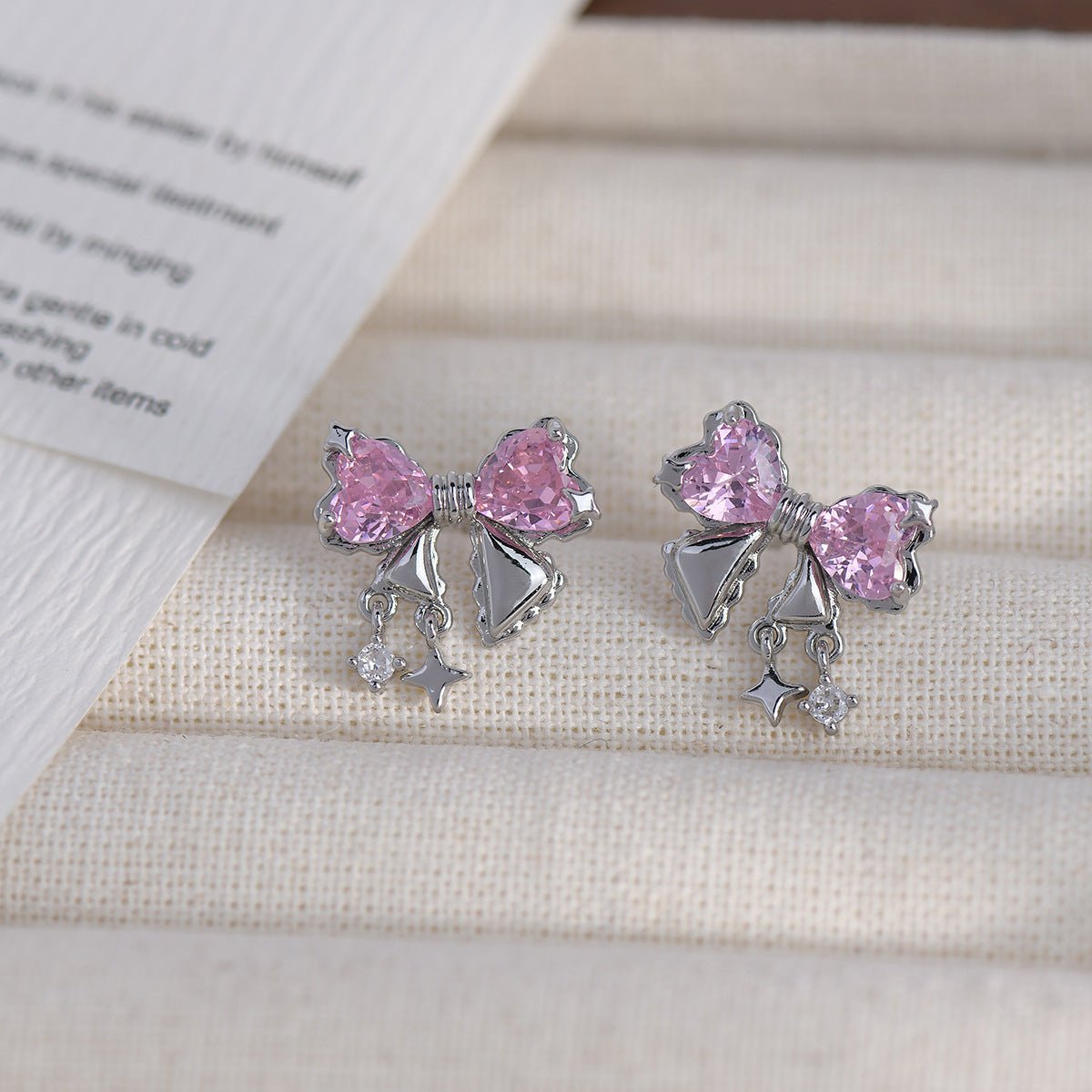 Silver Bow Earrings (Pink/Clear) - Caroline - Gold - Plated - Abbott Atelier