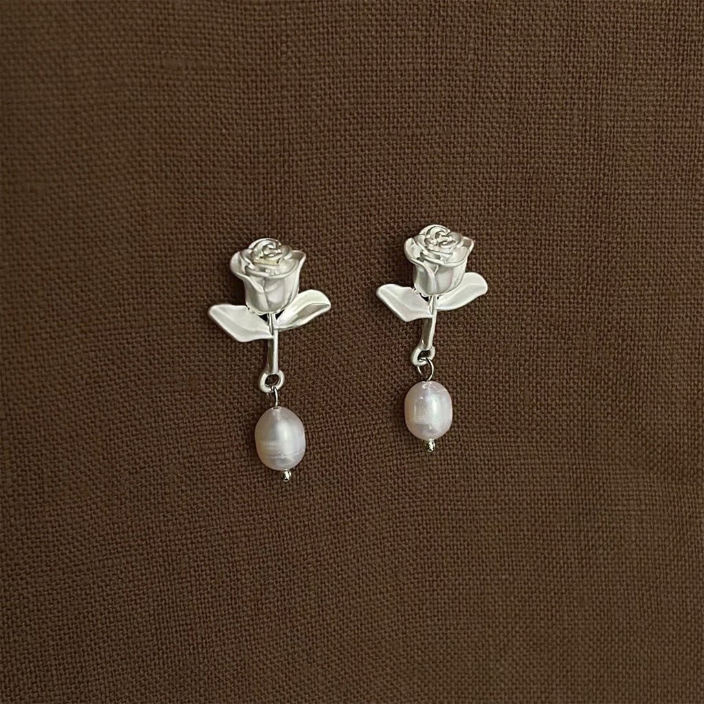 White Rose and Pearl Earrings - Hypoallergenic - Abbott Atelier